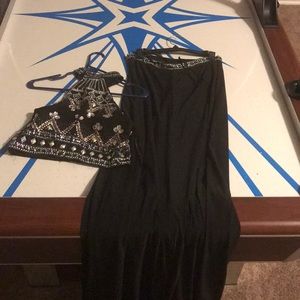 Black two-piece bedazzle prom dress